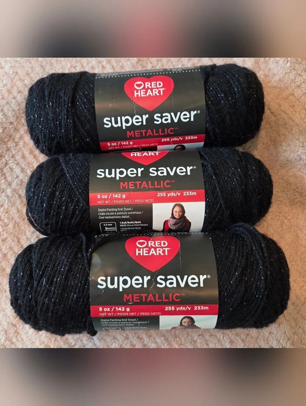 🎄🎁🧶Red Heart Super Saver Metallic Yarn - Black with Silver Sparkle - 3 Skeins